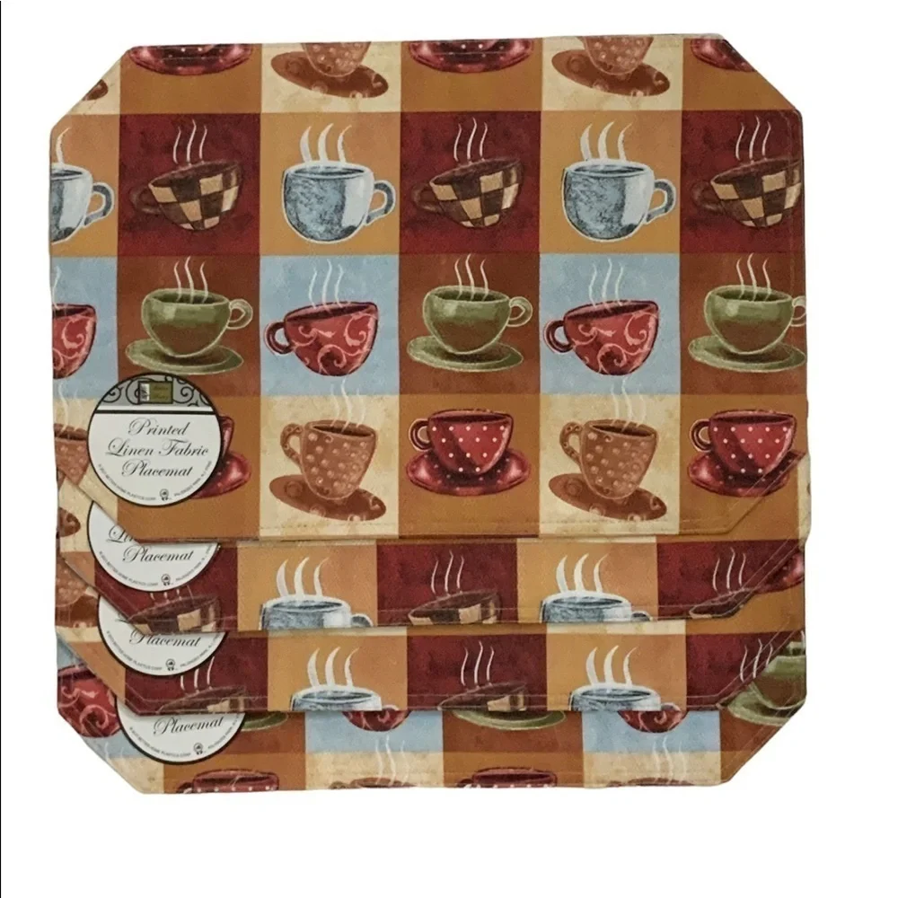 Coffee Time Placemats Printed Lined  Reversible Retro Block Pattern Set of 4